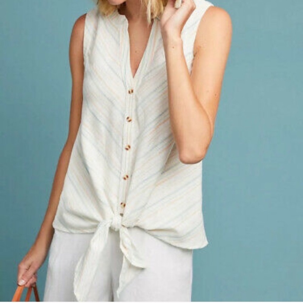 Maeve-Front tie Button Down Sleeveless Shirt-2